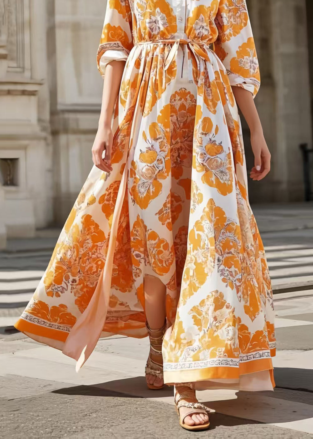 Orange Print Exra Large Hem Silk Tunic Dress Spring