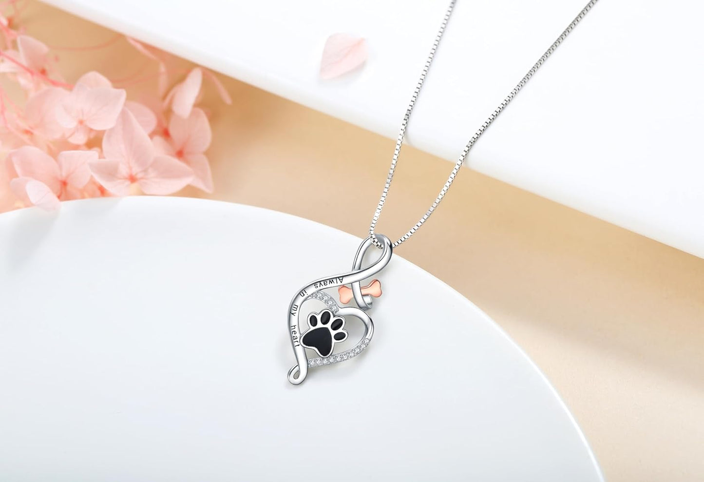 Lucky Paw Necklace With Heart, Bone & Infinity – “always in My Heart” Pendant