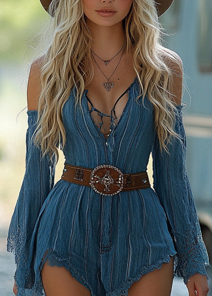European and American Style Blue Lace Patchwork Mid Dress Fall