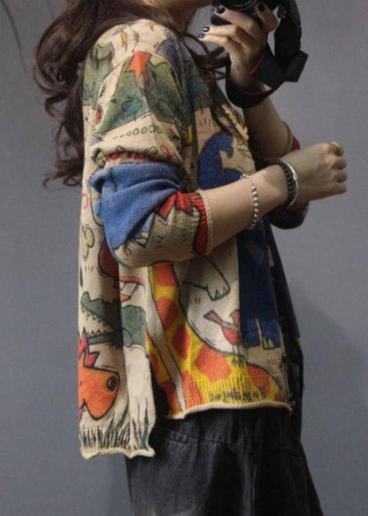 Coffee V Neck Print Button Knit Cardigan Spring