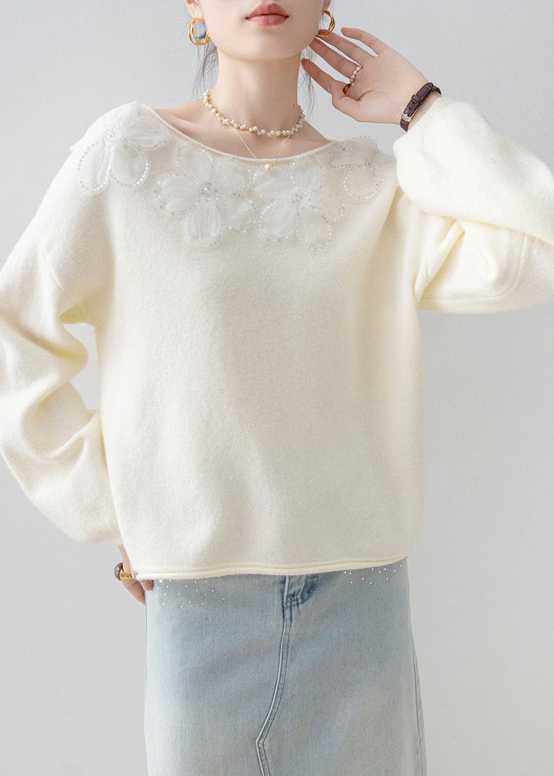 New White O Neck Sequins Knitted Tops Spring