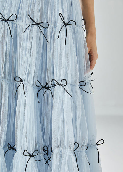 Sky Blue High Waist Patchwork Bow Tulle Skirt Summer