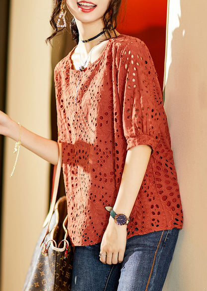 Brick Red O Neck Hollow Out Cotton T Shirt Half Sleeve