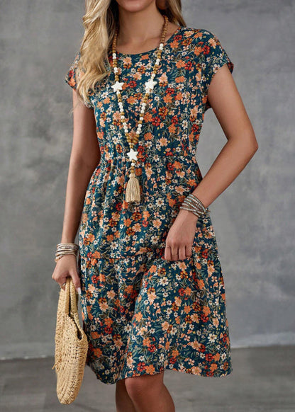 Classy Green O Neck Print Elastic Waist Cotton Dresses Summer