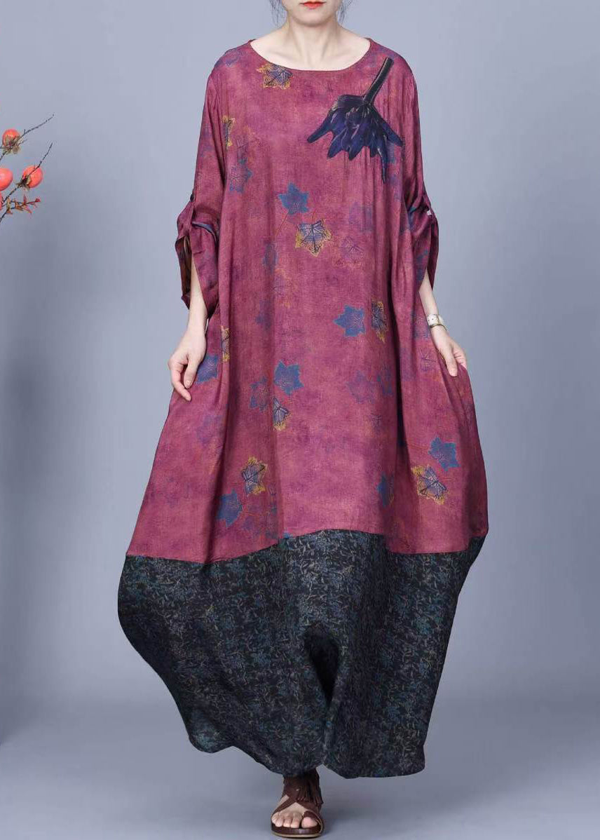 Purple Print Pockets Patchwork Silk Long Dresses Spring