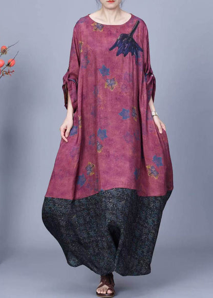 Purple Print Pockets Patchwork Silk Long Dresses Spring