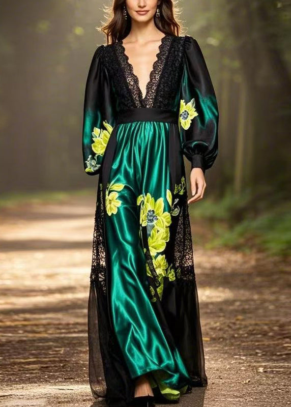 Black Print Pockets Patchwork Silk Long Dresses Spring