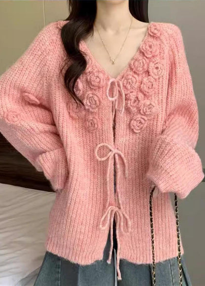 Pink Stereoscopic Thick Knit Cardigan Fall