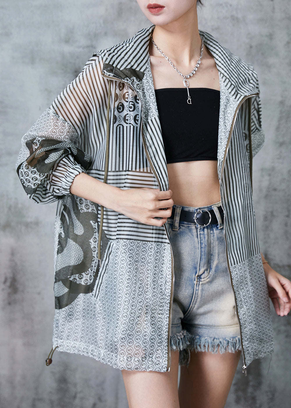 Grey Hooded Print Spandex Upf 50+ Coat Jacket Summer
