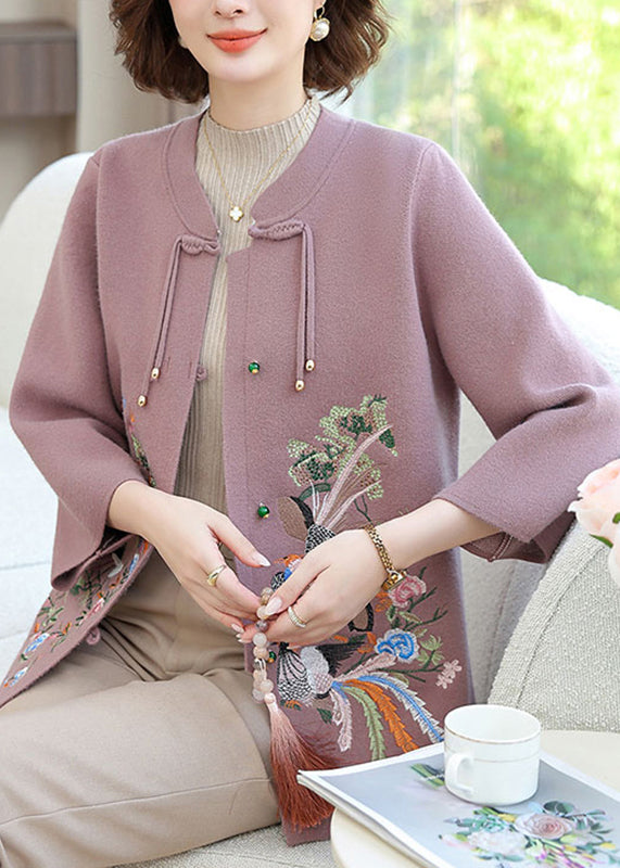 Purple Wool Knit Cardigan Embroidered Long Sleeve