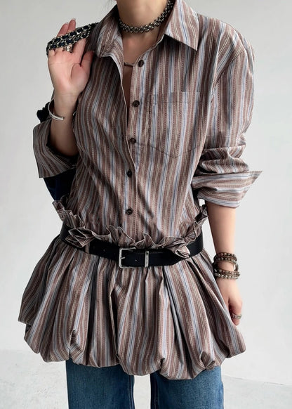 French Striped Ruffled Button Sashes Cotton Shirts Dress Fall