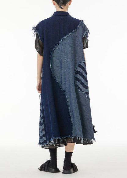 Blue Asymmetrical Patchwork Cotton Denim Long Cardigans Sleeveless