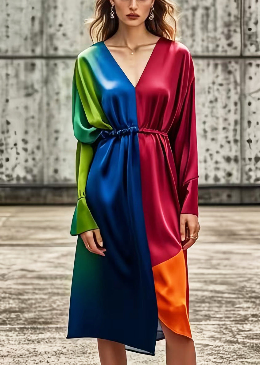 Diy Colorblock V Neck Patchwork Tie Dye Silk Dress Spring