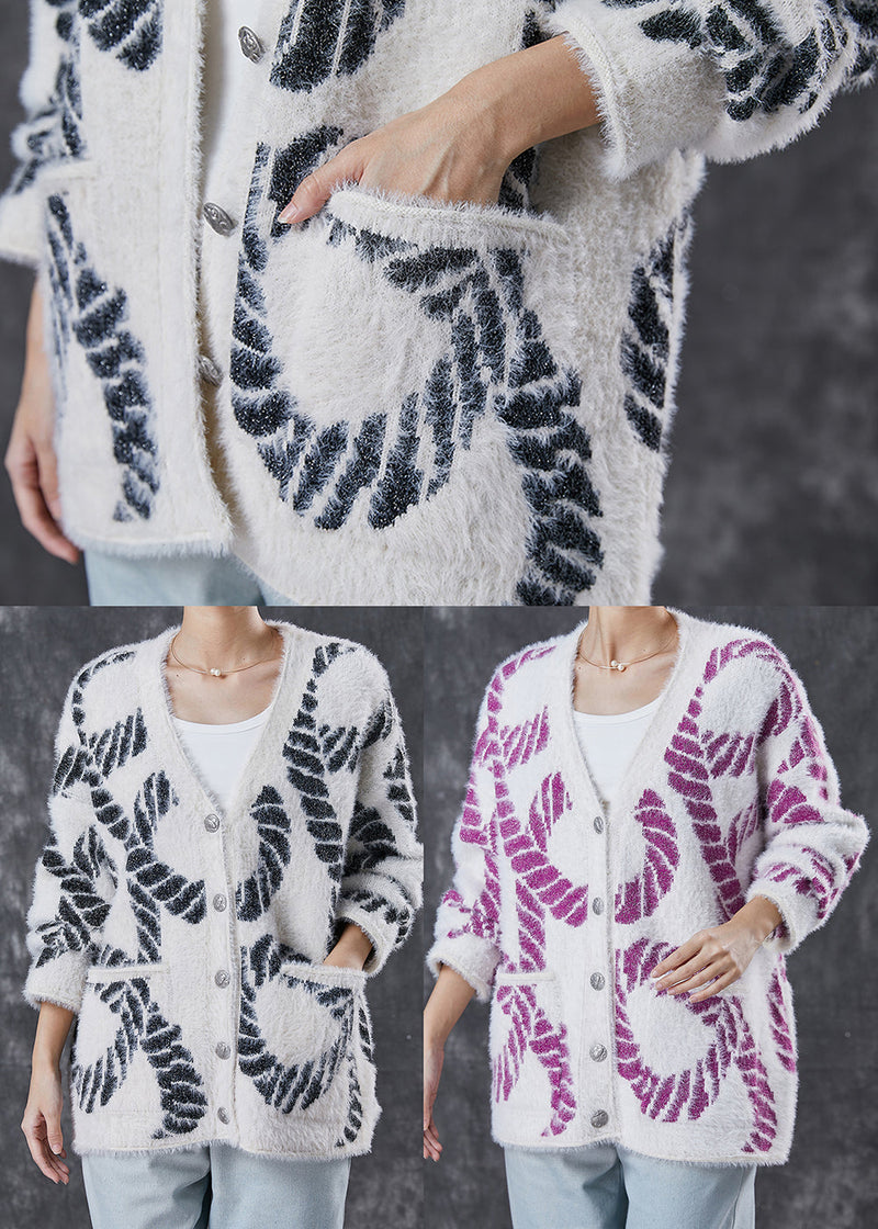 Black V Neck Print Knit Loose Coat Spring