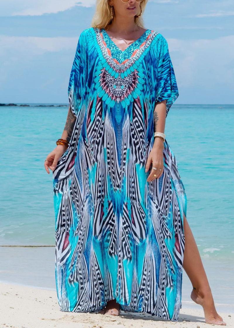 Style Blue V Neck Print Side Open Cotton Long Dress Summer