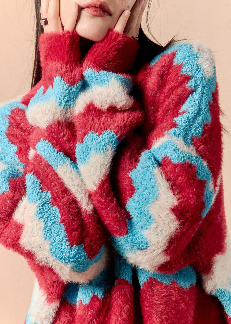 Striped V Neck Cozy Mink Hair Knitted Short Sweaters Winter