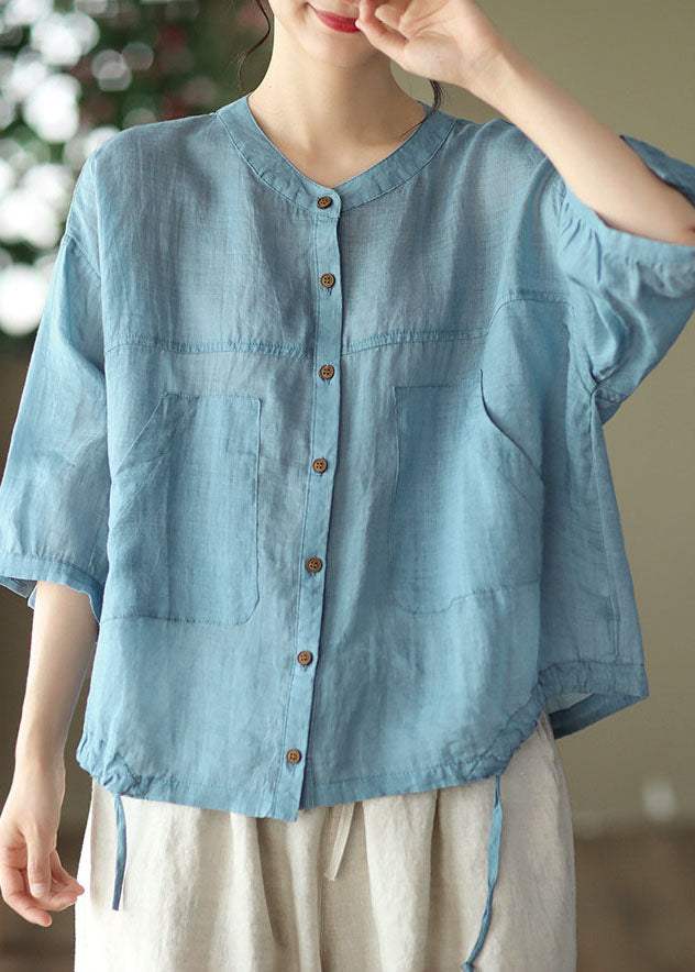 Red O-neck Oversized Pockets Linen Blouses Bracelet Sleeve