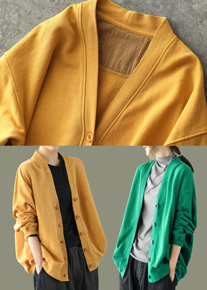 Yellow V Neck Pockets Coats Long Sleeve