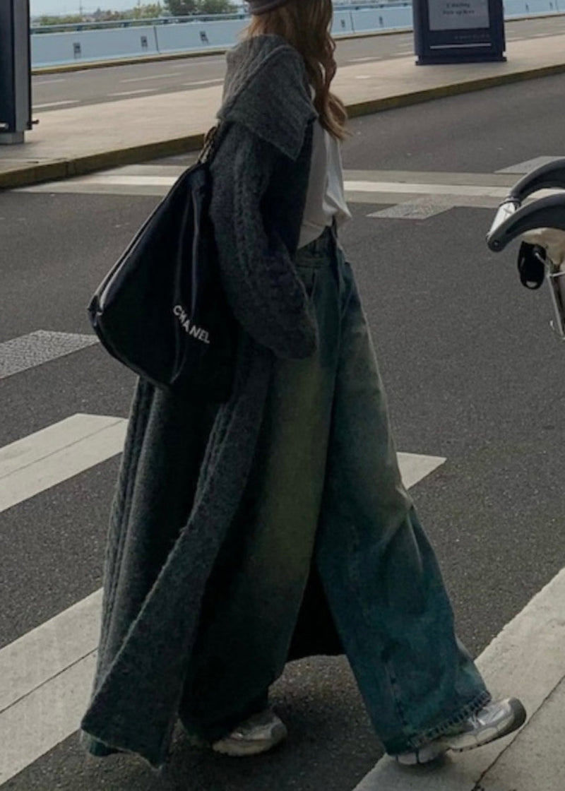 Grey Peter Pan Collar Long Knit Loose Cardigans Fall