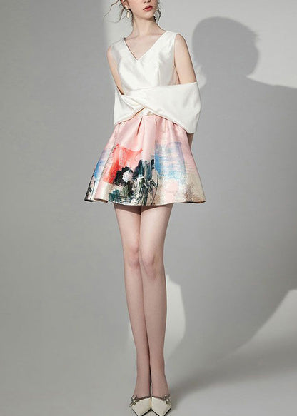 New Apricot V Neck Print Patchwork Silk Mid Dress Summer