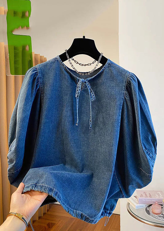 Denim Blue Patchwork Tie Lace Tops Summer