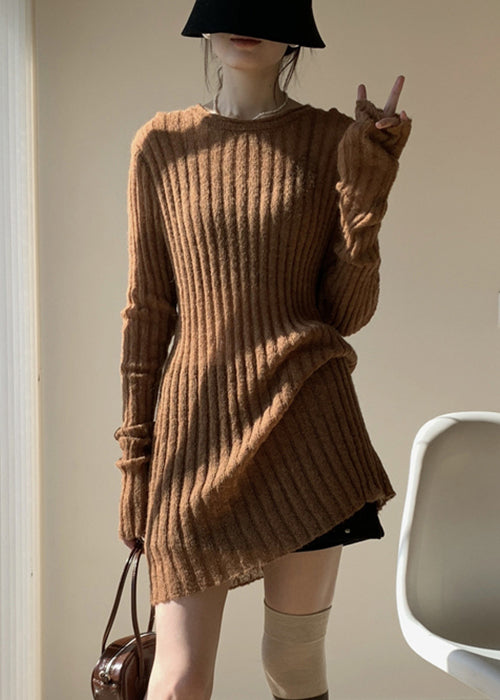 Coffee Loose Knit Sweater Mid Dress O-neck Fall