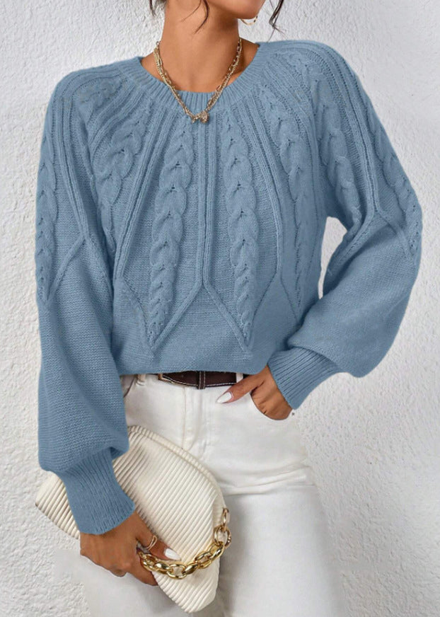 Loose Khaki O-neck Cable Knit Sweater Spring