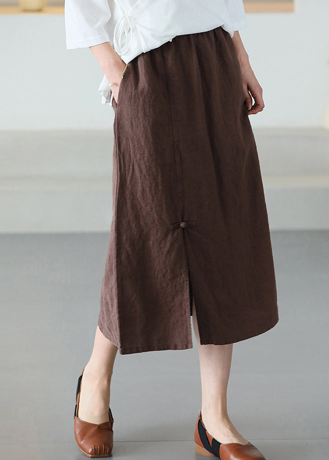 Versatile Coffee Chinese Button Linen Skirt Summer