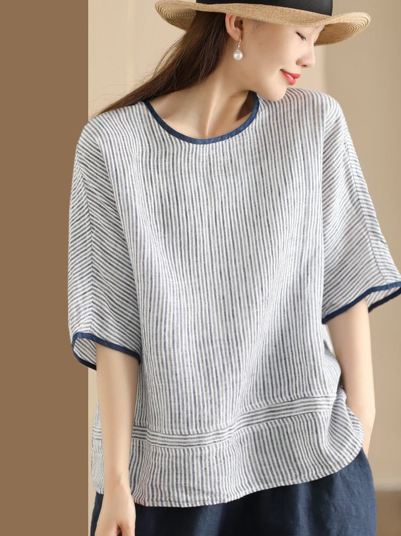 Summer Stripe Spliced Linen Shirt