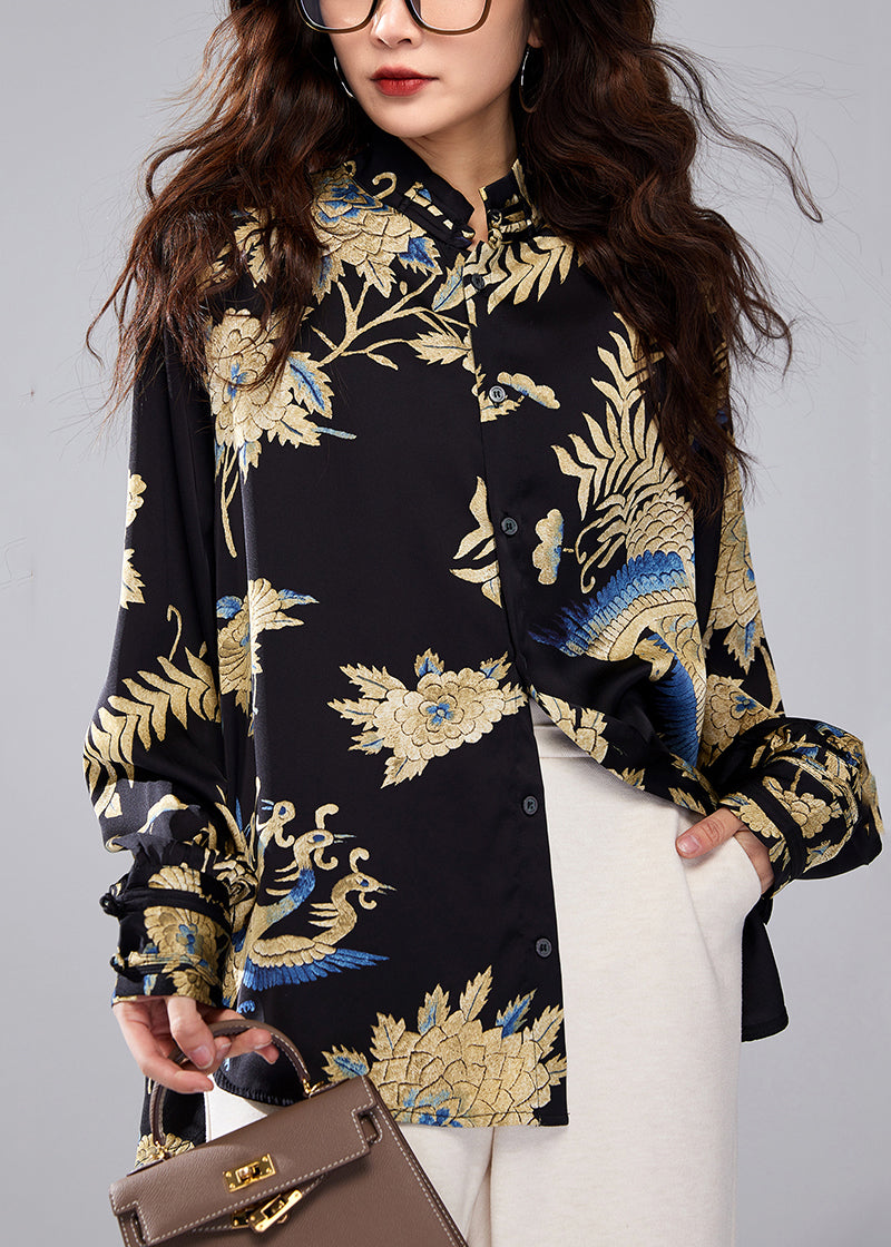 Black Stand Collar Button Print Silk Blouses Fall