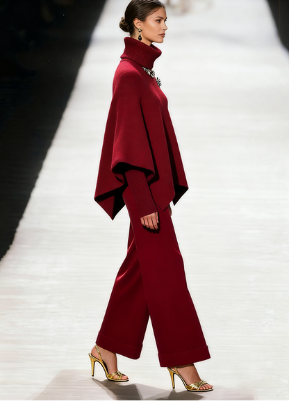 Stylish Red Hign Neck Knit Sweaters and Velvet Pants Two Piece Set Spring