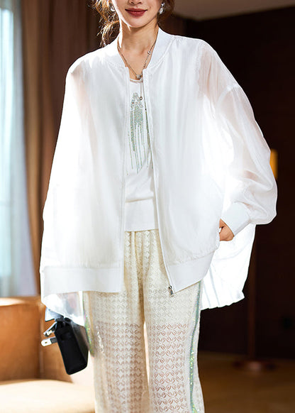 Fine White Zip Up Patchwork Chiffon Upf 50+ Coat Long Sleeve