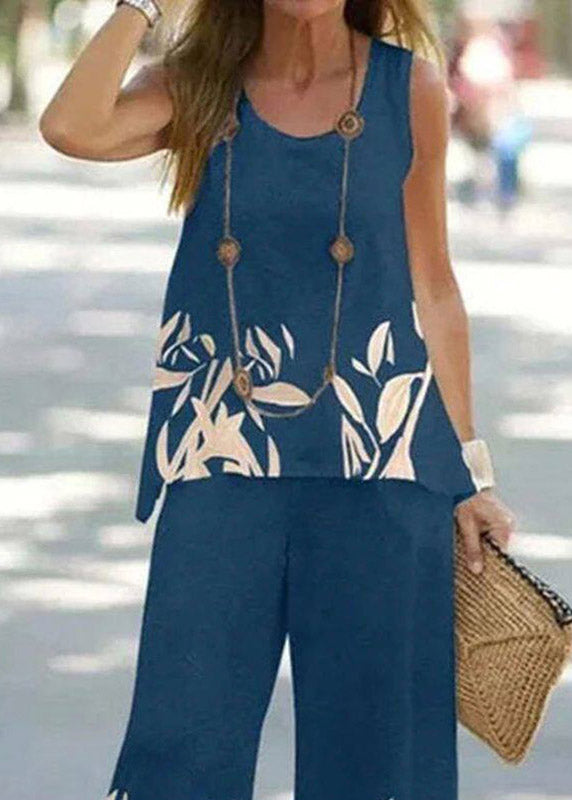 Blue U Neck Print Vest and Wide Leg Pants Two Pieces Set Summer