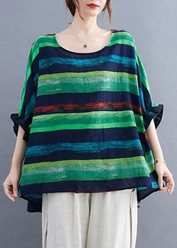 Green Striped Low High Design Top Summer