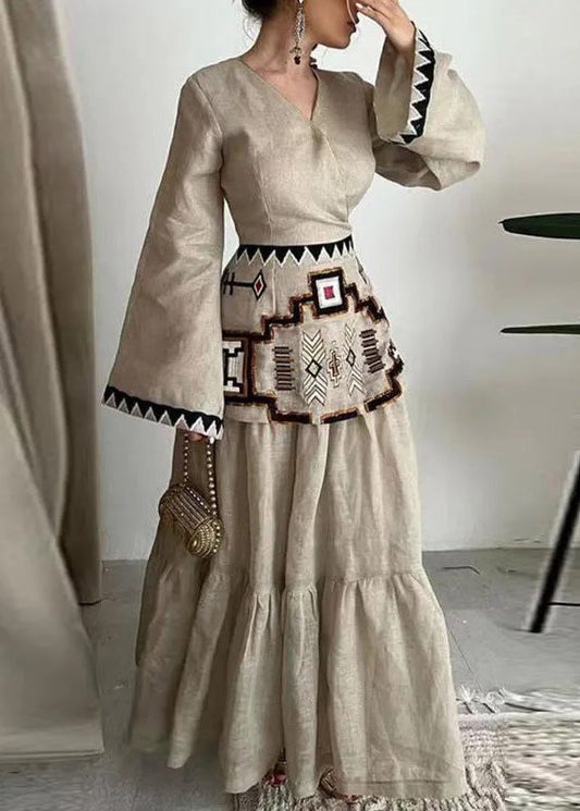 V Neck Print Patchwork Cotton Dress Flare Sleeve