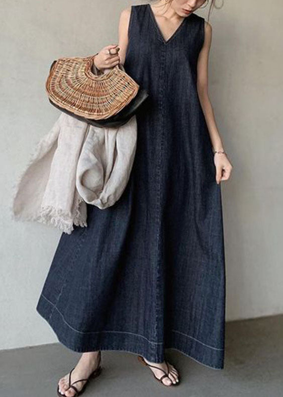 Navy V Neck Cold Shoulder Cotton Denim Dress Sleeveless