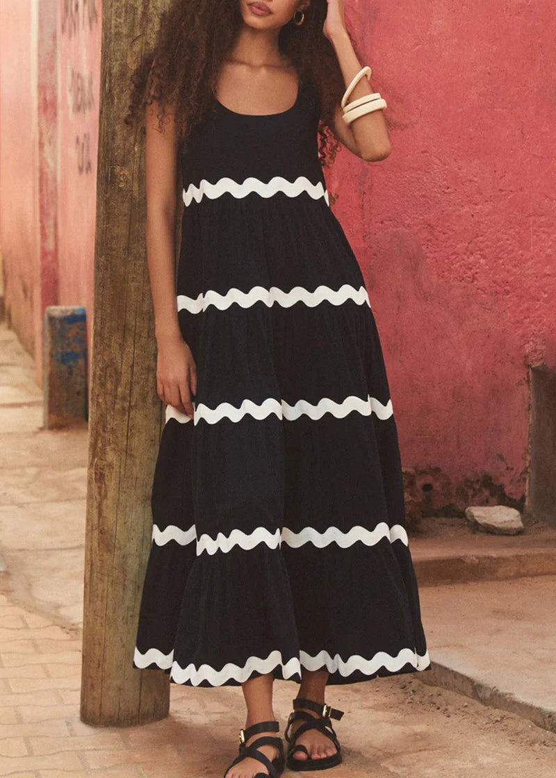 Loose Black U Neck Striped Patchwork Cotton Long Dress Summer
