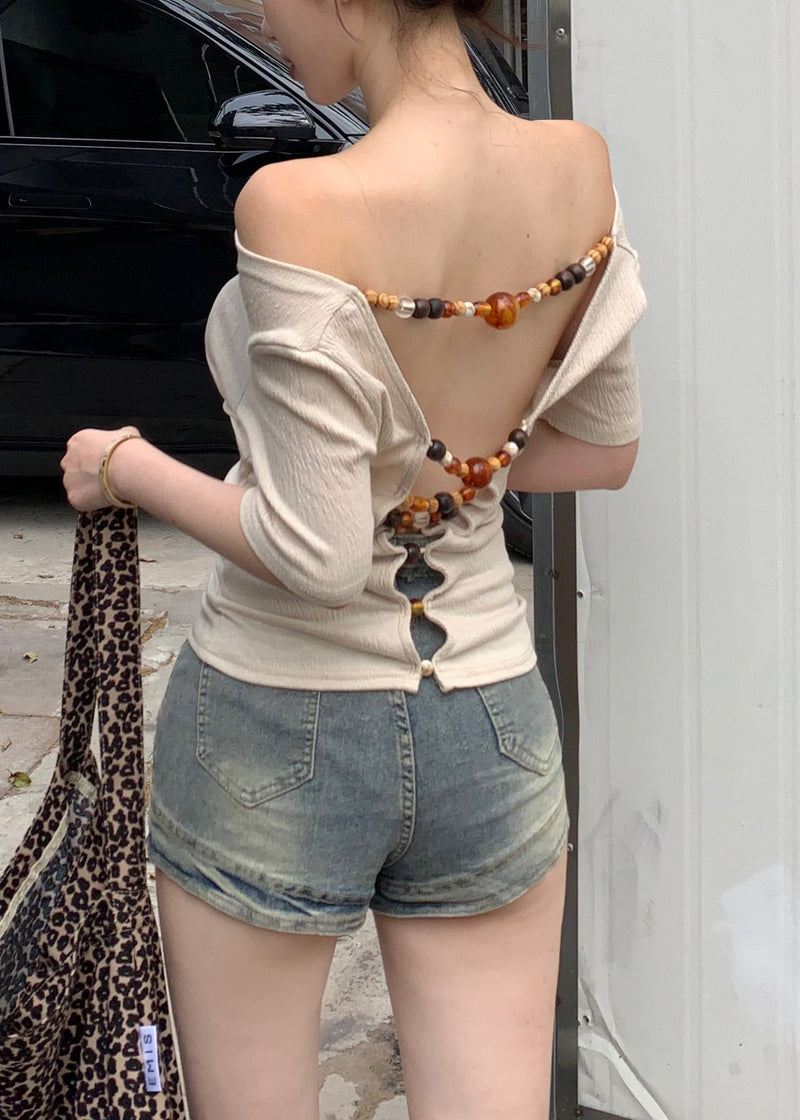 Apricot Wear on Both Sides Beadingpatchwork Cotton T Shirts Slash Neck