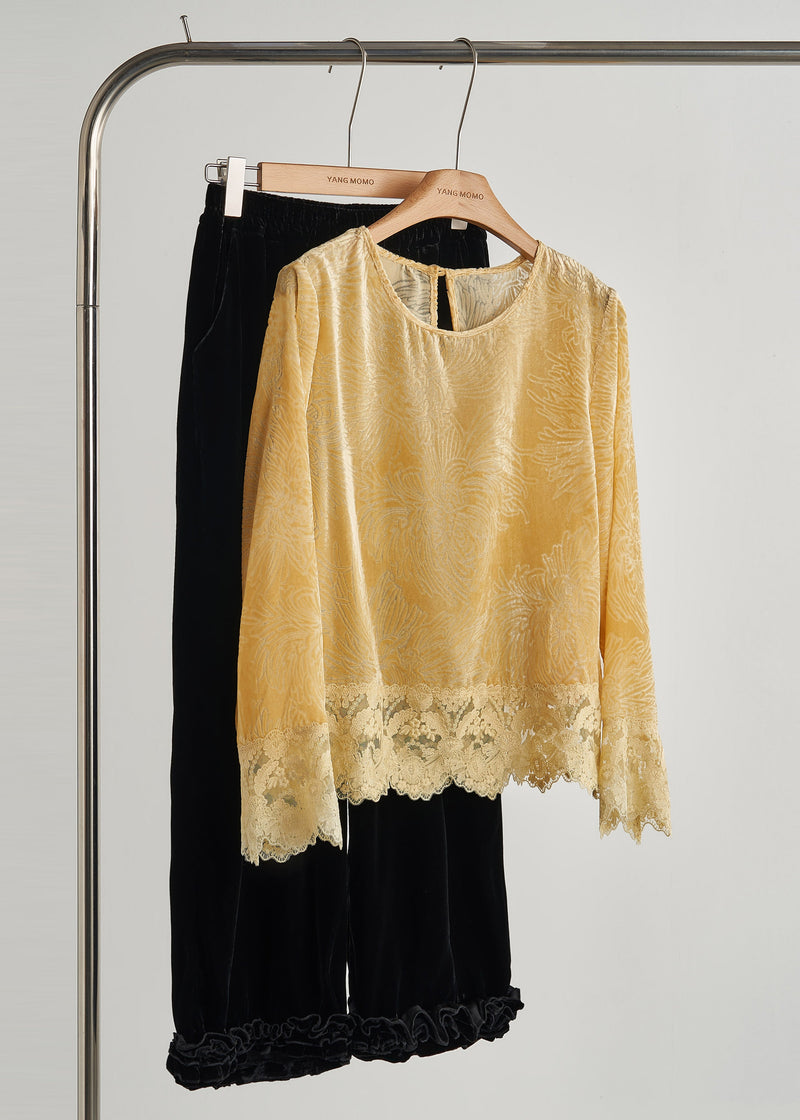 Yellow Oversized Lace Patchwork Silk Velour Shirt Tops Fall