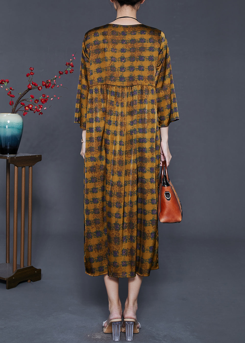 Golden Oversized Print Silk Dress Summer