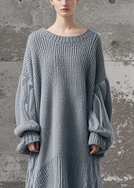 Grey Oversized Patchwork Tulle Long Knit Dress Winter