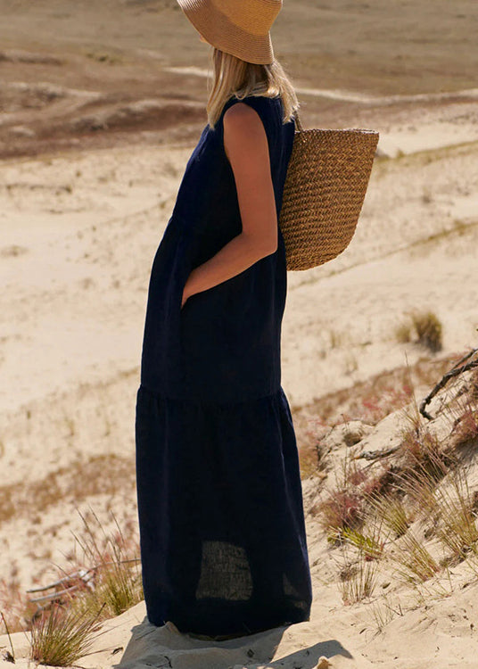 Apricot V Neck Wrinkled Patchwork Cotton Strap Dress Sleeveless