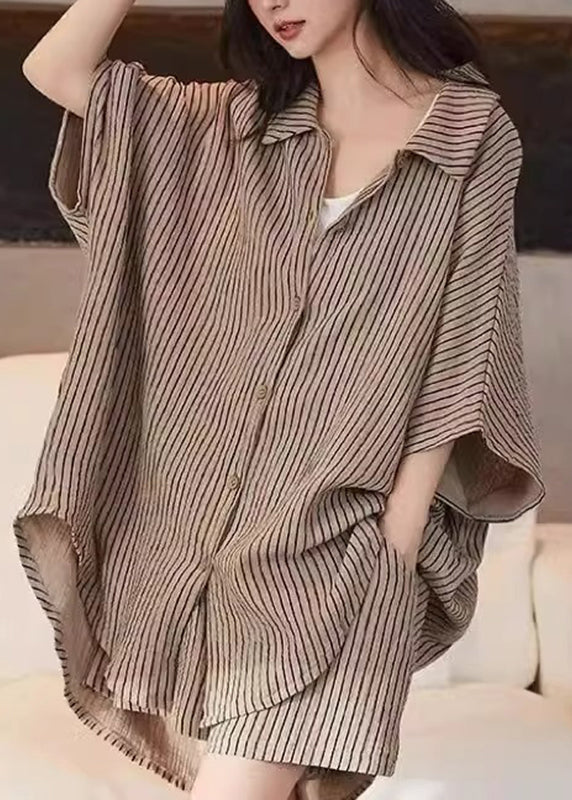Khaki Peter Pan Collar Striped Shirt and Shorts Two Piece Set Summer