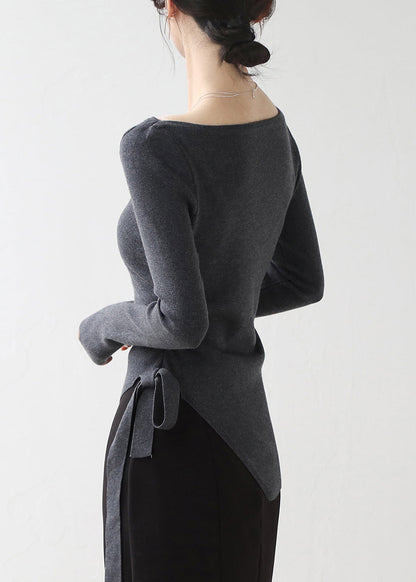 French Dark Grey Asymmetrical Sequins Knit Sweater Winter
