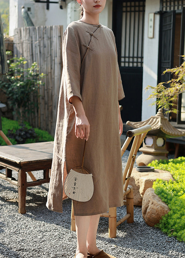 Camel O Neck Chinese Button Linen Long Dress Spring