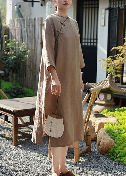 Camel O Neck Chinese Button Linen Long Dress Spring
