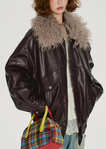 Chocolate Faux Fur Collar Oversized Faux Leather Jackets Winter