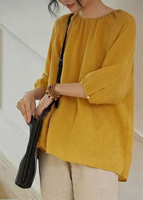 Yellow O-neck Embroidered Patchwork Linen Shirt Spring