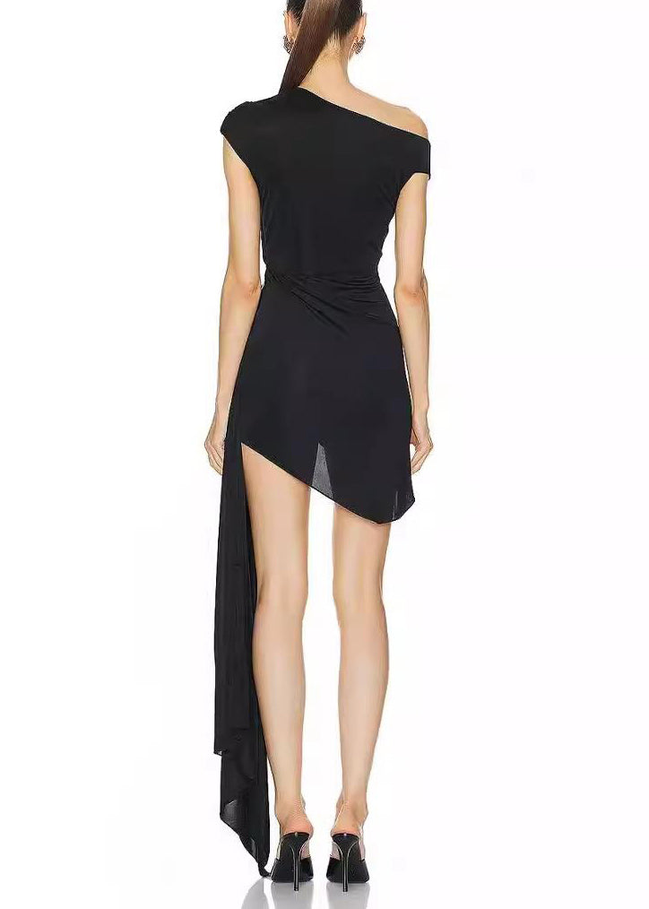 French Black Asymmetrical Zircon Mid Dress Summer