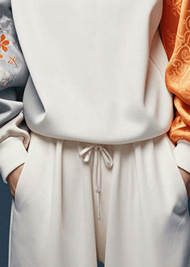White Asymmetrical Patchwork Silk Oriental Tops Spring